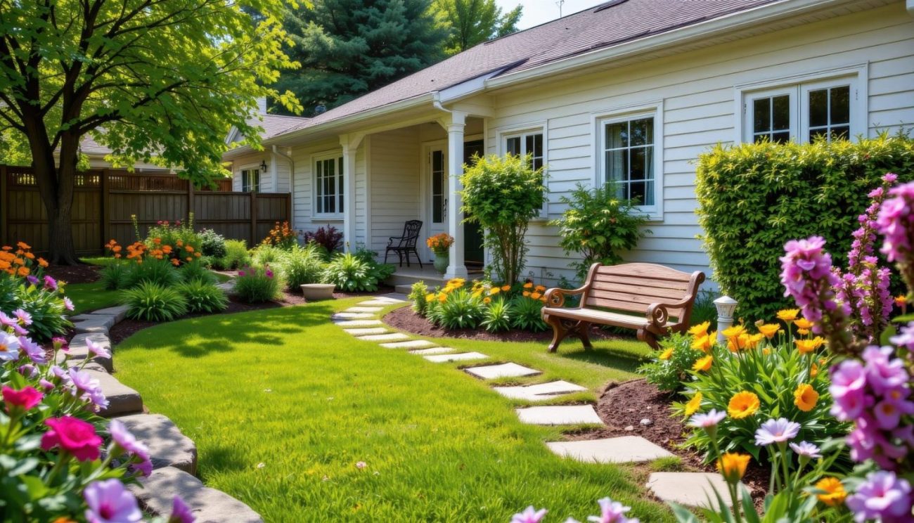 vibrant landscaping services with stone paths benches and flowering shrubs outside a quiet vacation house
